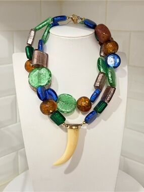Multicolor Glass Bead Necklace with Ivory Horn Pendant - Women Jewelry